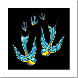 Tattoo Style Swallows In Blue and Yellow Posters and Art